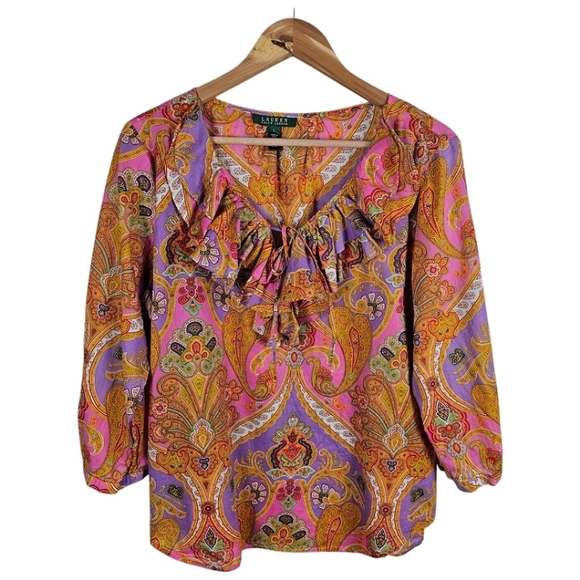 Lauren Ralph Lauren Tops - Lauren Ralph Lauren Paisley Ruffle Neck Blouse Womens Sz Large Cotton Casual